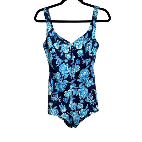 Maxine of Hollywood Blue Floral One-Piece Swimsuit | Size 14 - Picture 1 of 7